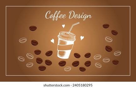 Dibujo vectorial de granos de café y taza de café sobre un fondo marrón. Diseño de pancartas de café. Cartel, afiche, plantilla de tarjeta. Elementos de diseño de café.