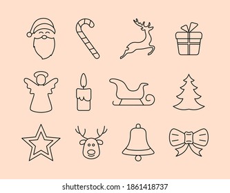 Vector drawing collection of Christmas accessories Christmas bell, reindeer, Santa Claus, gift, bow, candle, star, Christmas tree, sleigh and Christmas angel drawn by lines on a light background.