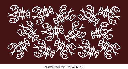 Vector drawing of a collection of crayfish with claws on a dark brown background in a cartoon style