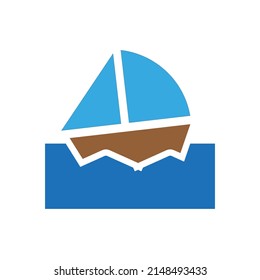 Vector drawing of a colored boat on the water, color blue and brown, flat style