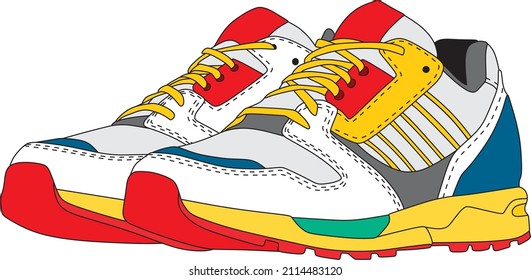 Dibujo vectorial de zapatillas de marca coloreadas. Un par de zapatos deportivos con cordones.
