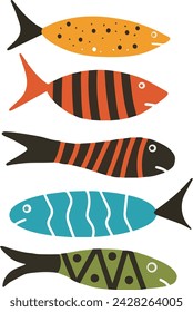 Vector drawing of colored fish with texture. Vector elements for fabric banner cover design. Vector file design elements.