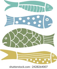 Vector drawing of colored fish with texture. Vector elements for fabric banner cover design. Vector file design elements.