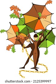 vector drawing colored umbrellas with oak leaves and a gold chain