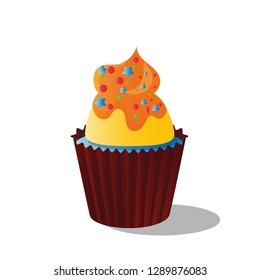 Vector drawing colorful cupcake of a decorated with decor, cream and chocolate, on white background