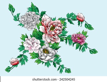 vector drawing colorful peonies background and text,vintage floral vector bouquet of peonies and garden flowers, botanical natural peonies Illustration on white. Summer floral peonies greeting card