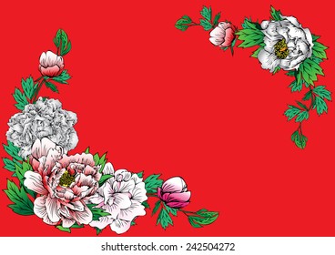 vector drawing colorful peonies background and text,vintage floral vector bouquet of peonies and garden flowers, botanical natural peonies Illustration on white. Summer floral peonies greeting card