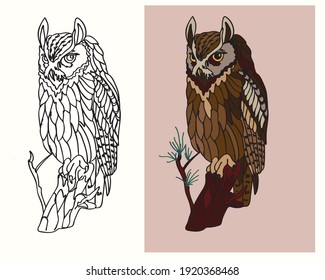 vector drawing coloring book adult owl sitting on a tree with open eyes