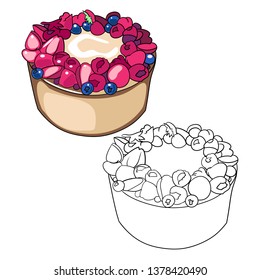 Vector drawing, coloring book, birthday cake