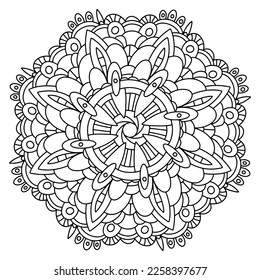 Vector drawing for coloring book. Contour drawing on a white background.  Black and white mandala