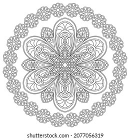 Dibujo de vectores para libro de coloreado. Patrón floral geométrico. Dibujo de contorno sobre un fondo blanco. Mandala.