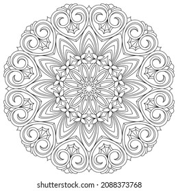 Vector drawing for coloring book. Geometric floral pattern. Contour drawing on a white background. Mandala.