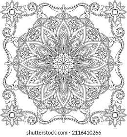 Dibujo de vectores para libro de coloreado. Patrón floral geométrico. Dibujo de contorno sobre un fondo blanco. Mandala.