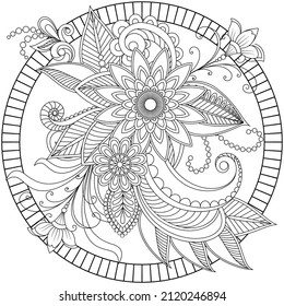 Vector drawing for coloring book. Geometric floral pattern. Contour drawing on a white background