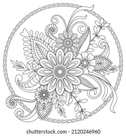 Vector drawing for coloring book. Geometric floral pattern. Contour drawing on a white background