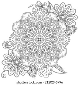 Vector drawing for coloring book. Geometric floral pattern. Contour drawing on a white background