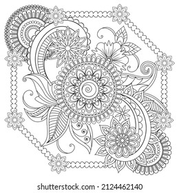 Vector drawing for coloring book. Geometric floral pattern. Contour drawing on a white background
