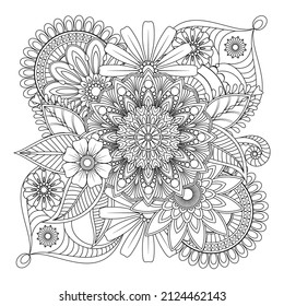 Vector drawing for coloring book. Geometric floral pattern. Contour drawing on a white background