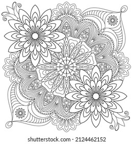 Vector drawing for coloring book. Geometric floral pattern. Contour drawing on a white background