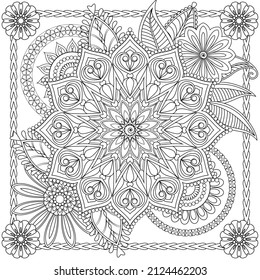 Vector drawing for coloring book. Geometric floral pattern. Contour drawing on a white background