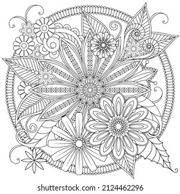 Vector drawing for coloring book. Geometric floral pattern. Contour drawing on a white background