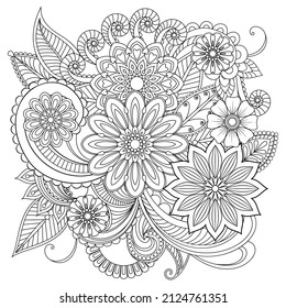 Vector drawing for coloring book. Geometric floral pattern. Contour drawing on a white background