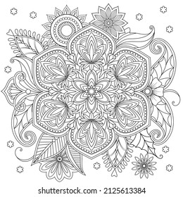 Vector drawing for coloring book. Geometric floral pattern. Contour drawing on a white background