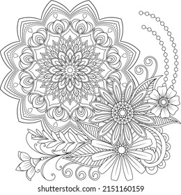 Vector drawing for coloring book. Geometric floral pattern. Contour drawing on a white background