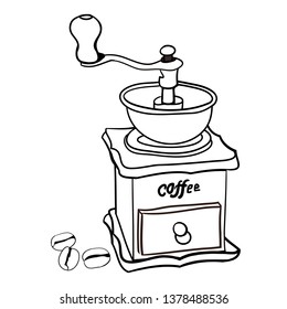 Vector drawing, coloring book, retro coffee grinder and coffee beans