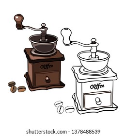Vector drawing, coloring book, retro coffee grinder and coffee beans