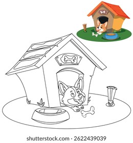 Dibujo de Vector para colorear y creatividad infantil. Una casa de mascotas y un perro. 