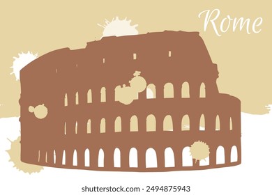 Vector drawing of Colosseum in Rome, Italy. Architecture tourism landmark, travel destination. Hand drawn silhouette illustration over loose brush strokes