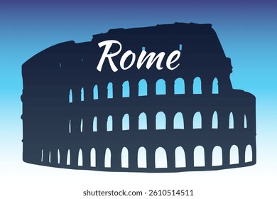 Desenho vetorial do Coliseu em Roma, Itália. Monumento turístico de arquitetura, destino de viagem. ilustração de silhueta desenhada à mão contra o céu azul