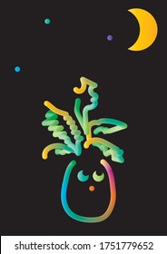 Vector drawing of a colourful pineapple in 3D looking on a young moon.
