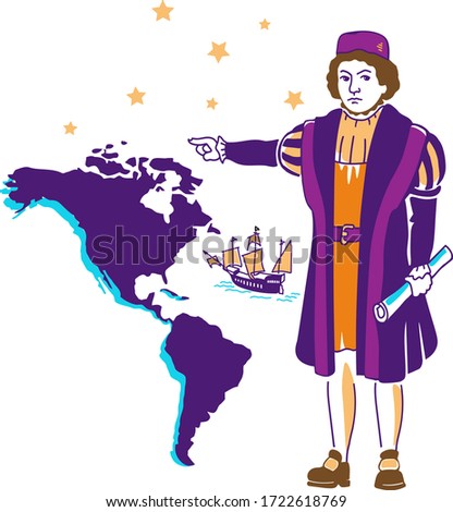 vector drawing of Columbus and the map of America