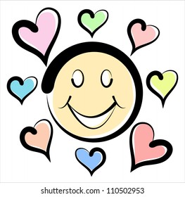 Vector drawing of the comic smiling face and hearts.