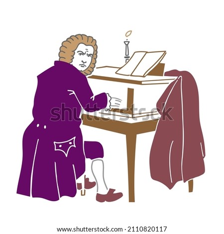 vector drawing of the composer Bach playing the organ