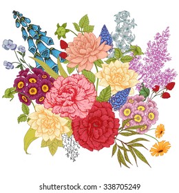 vector drawing, composition flower, peony, rose, lilac, hyacinth, chamomile, evening primrose, retro, vintage card
