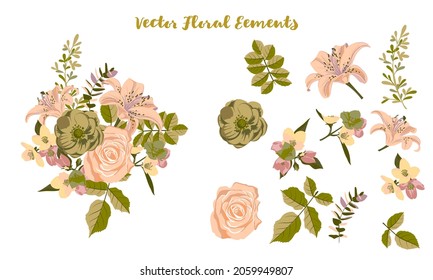 vector drawing composition with flowers and leaves and isolated elements in pastel colors, hand drawn illustration