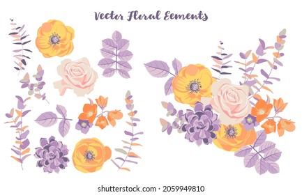 vector drawing composition with flowers and leaves and isolated elements in pastel colors, hand drawn illustration
