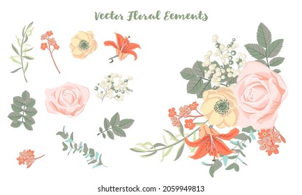 vector drawing composition with flowers and leaves and isolated elements in pastel colors, hand drawn illustration