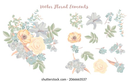 vector drawing composition with flowers and leaves and isolated elements, hand drawn illustration
