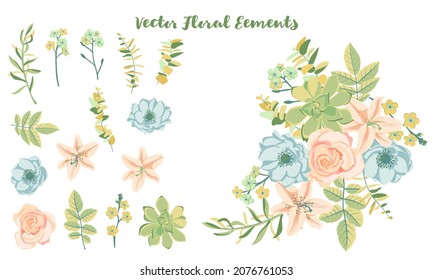 Vektorgrafik-Komposition mit Blumen und Blättern sowie einzelne Elemente, handgezeichnet