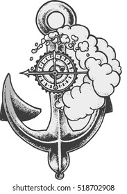 Vector drawing of composition with sea subjects in black and grey colors for tattoo.