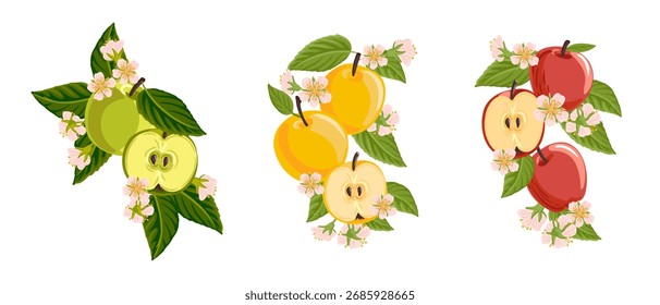 Vektorgrafik-Kompositionen mit Apfelfrüchten, Blumen und grünen Blättern einzeln auf weißem Hintergrund, handgezeichnete Illustration