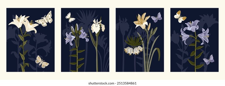 vector drawing compositions with flowers and butterflies by night at dark blue background, natural posters, cover design,hand drawn botanical illustration