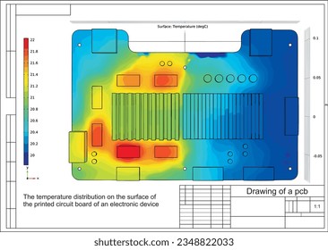 Vector drawing. Computer 3d modeling of the temperature 
distribution 
on the surface of the printed circuit
board of an electronic device and its components. 
Thermal analysis.