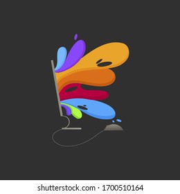 vector drawing of a computer with an explosion of colors from the monitor and mouse