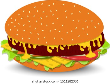 Vector drawing. Concept Fast Food. American Cheeseburger with beef with cheese with lettuce with tomato with onion  and sauce isolated on white background.