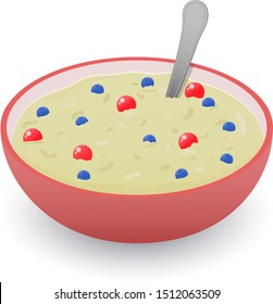 Vector drawing. Concept nutrition. Delicious and healthy breakfast of oatmeal porridge with blueberry and cranberries in ceramic bowl on white background